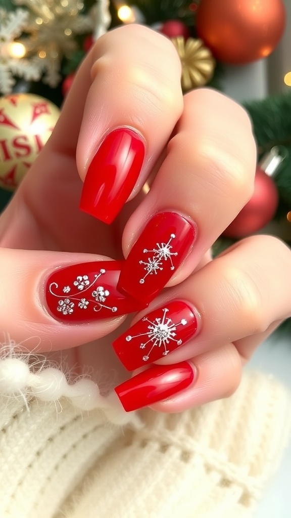 Festive Red Acrylic Christmas Nails Short red acrylic nails with holiday designs, including glitter and snowflakes, displayed with Christmas decorations.